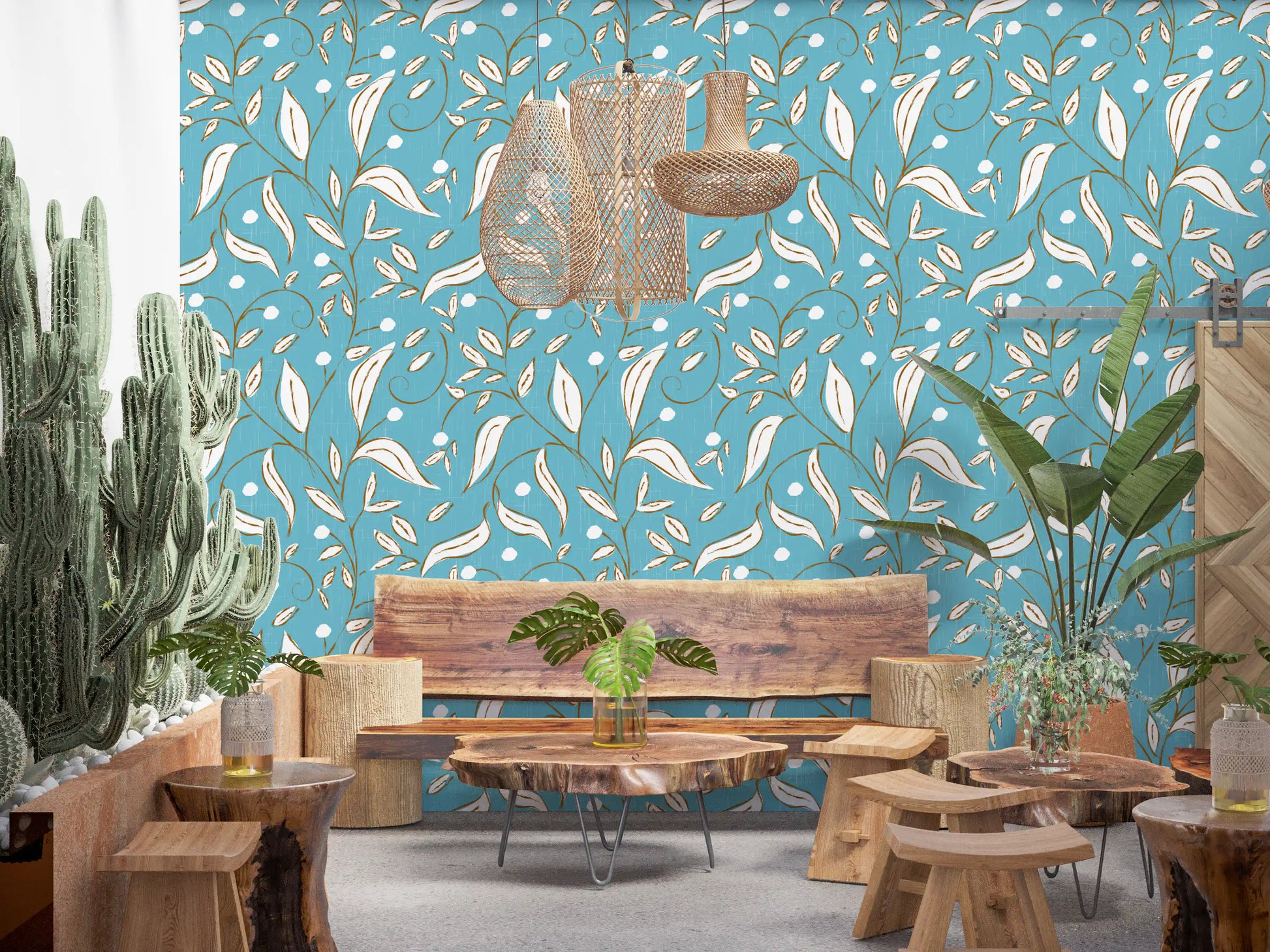 Sky Blue Botanical Vine Wallpaper Scandinavian Wallpaper⁠