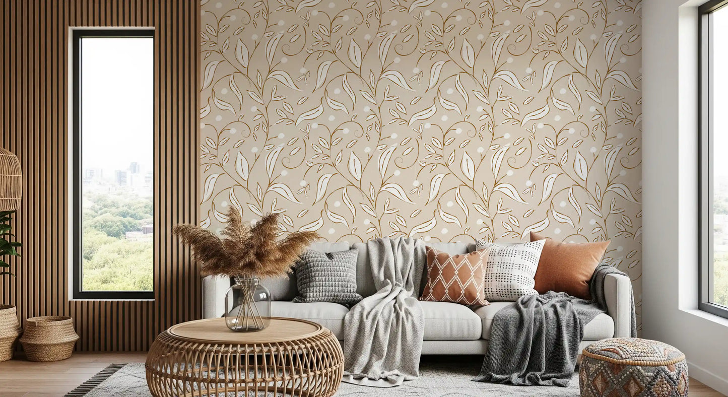 Beige Botanical Vine Wallpaper Scandinavian Neutral Wallpaper⁠