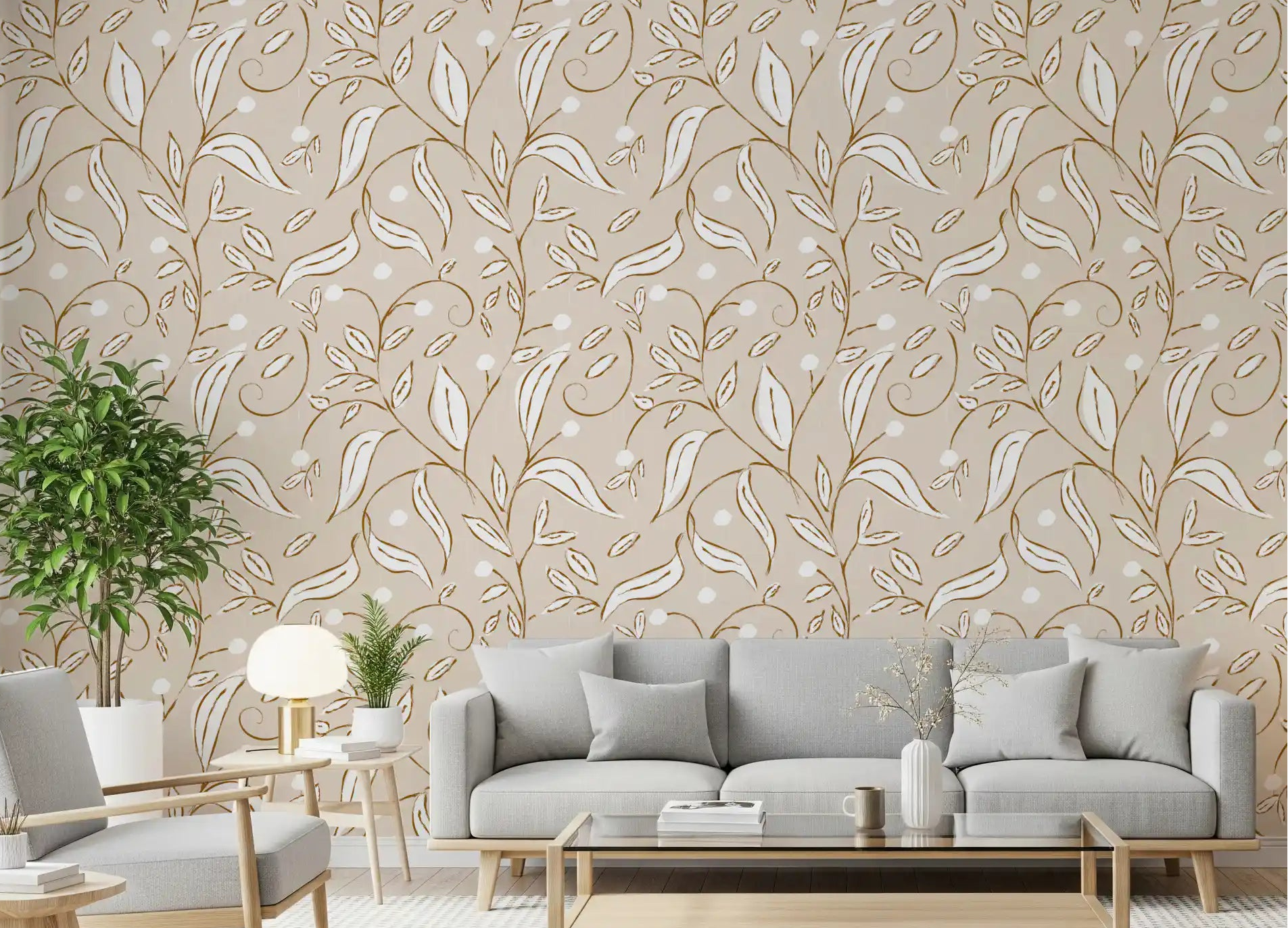 Beige vine wallpaper applied to a living room accent wall., GD10594