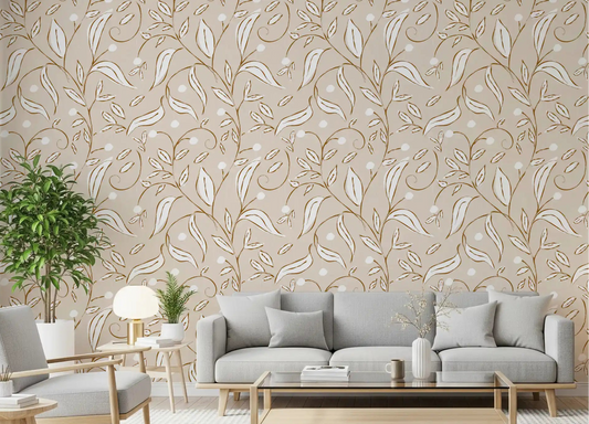 Beige vine wallpaper applied to a living room accent wall.