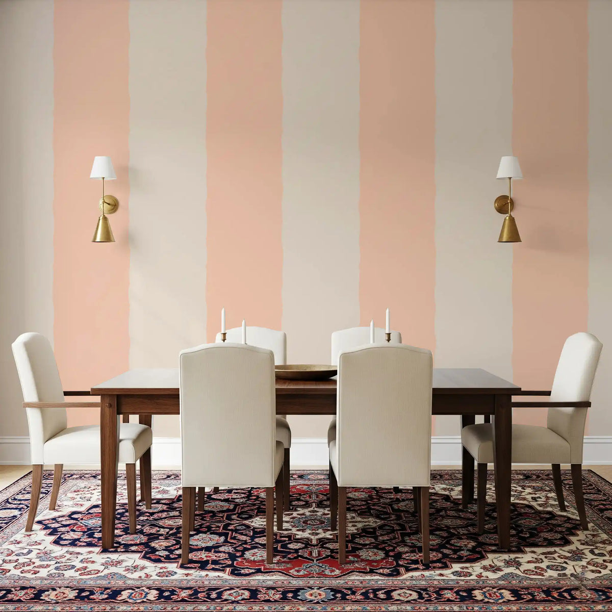 Peach and cream striped wallpaper displayed in a dining room setting., GD10595
