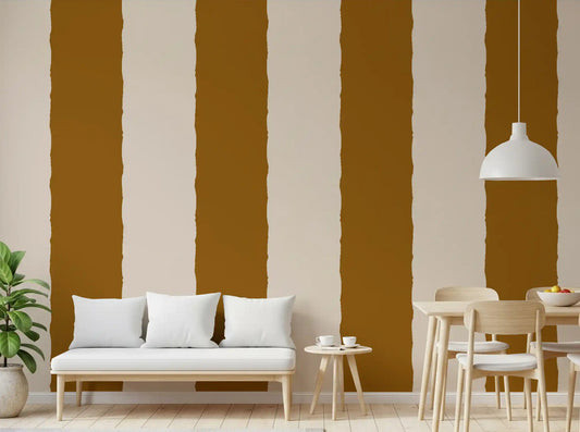 Warm brown striped wallpaper in a dining room with cream tones.