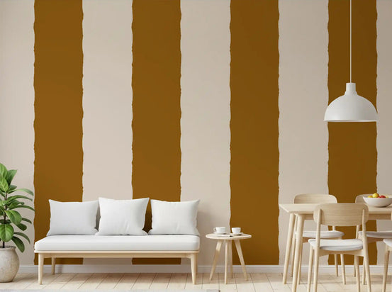 Warm brown striped wallpaper in a dining room with cream tones., GD10597