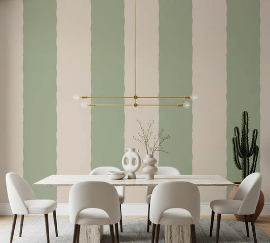 Green striped wallpaper in a dining room with cream tones.