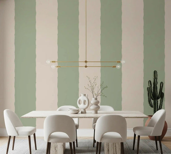 Green striped wallpaper in a dining room with cream tones., GD10598