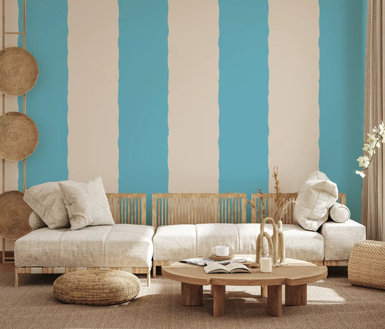 Pink striped wallpaper in a living with cream tones., GD10599