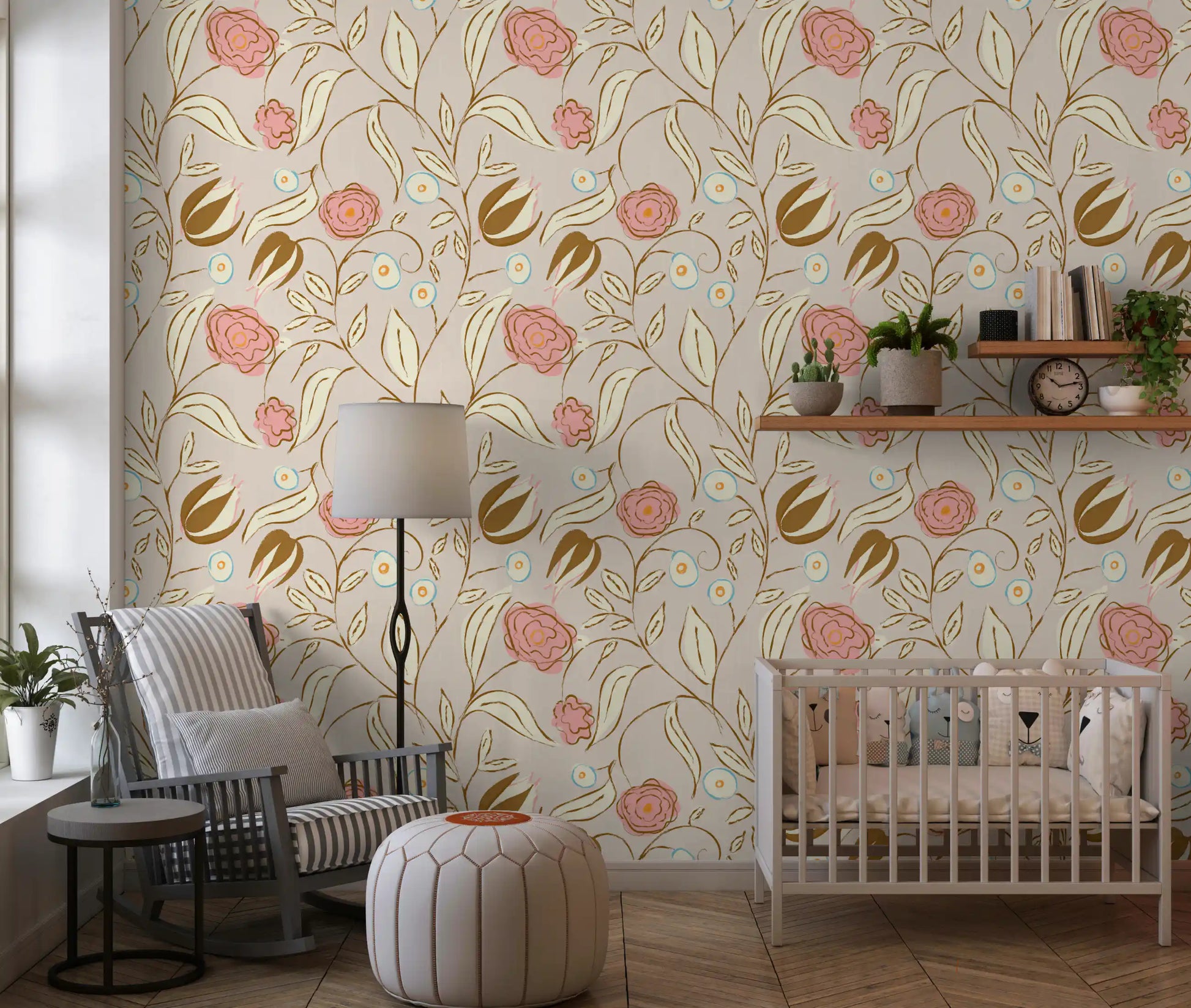 Beige Chintz Floral Wallpaper Vintage Botanical Wallpaper⁠