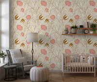 Beige Chintz Floral Wallpaper Vintage Botanical Wallpaper⁠
