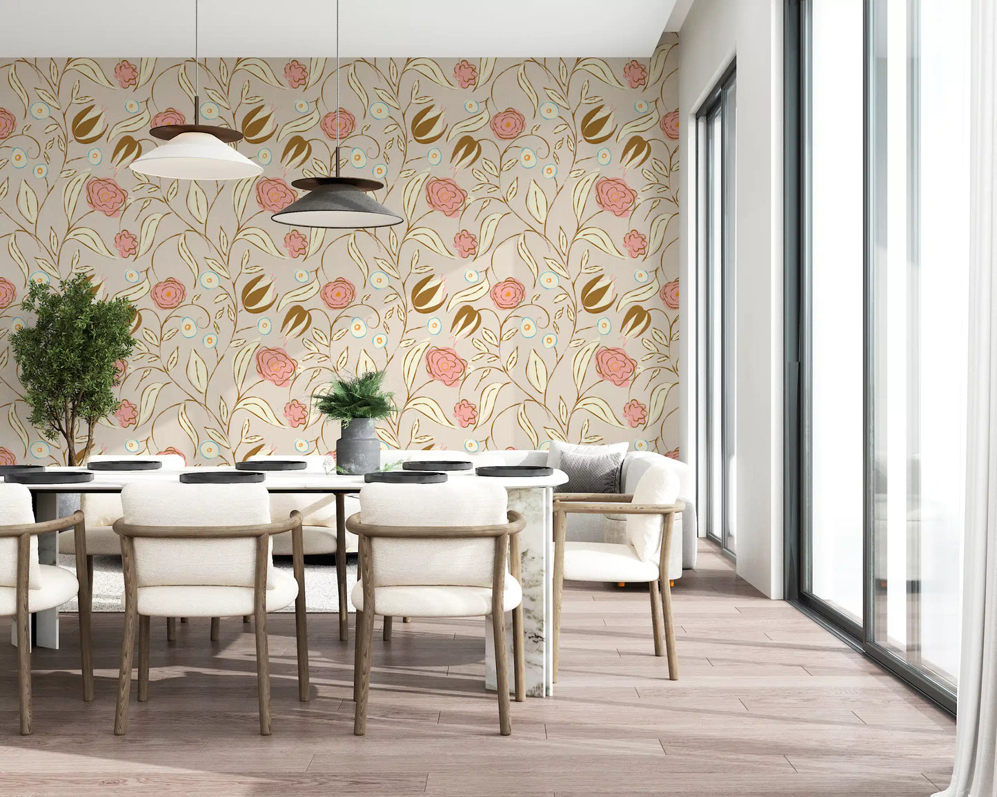 Beige Chintz Floral Wallpaper Vintage Botanical Wallpaper⁠
