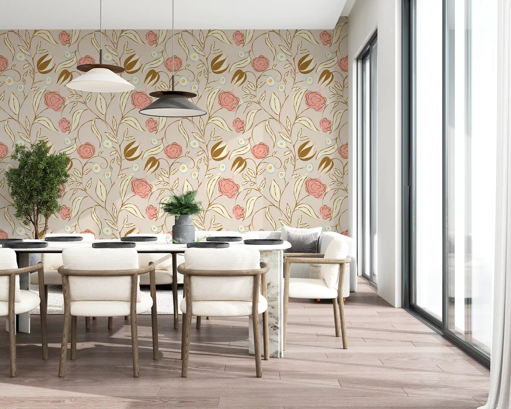 Beige Chintz Floral Wallpaper Vintage Botanical Wallpaper⁠