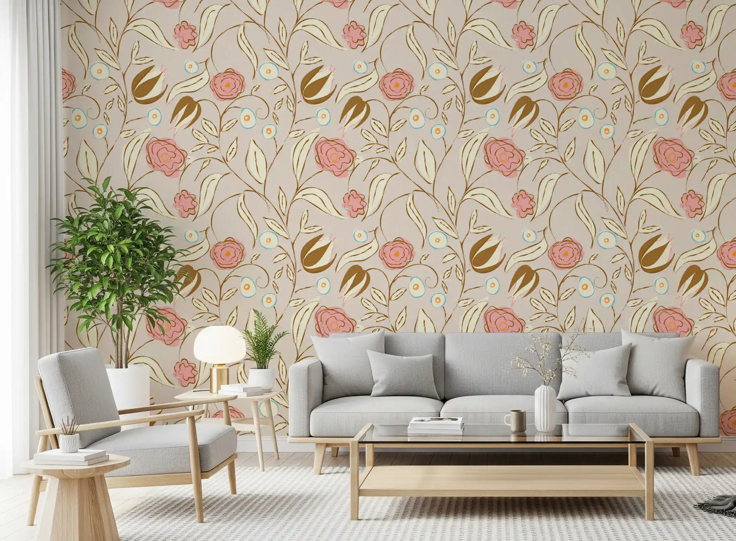 Beige Chintz Floral Wallpaper Vintage Botanical Wallpaper⁠