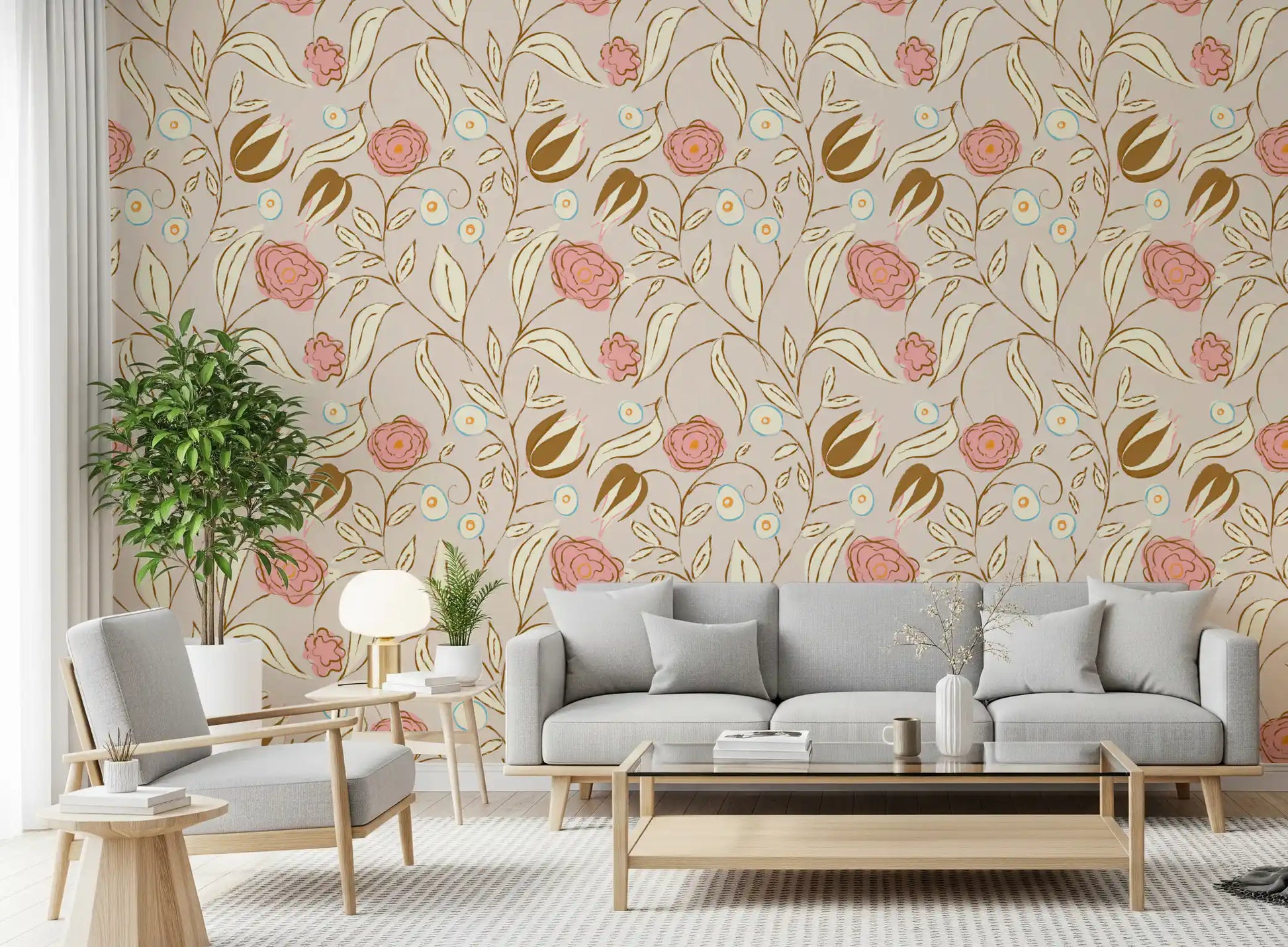 Beige Chintz Floral Wallpaper Vintage Botanical Wallpaper⁠