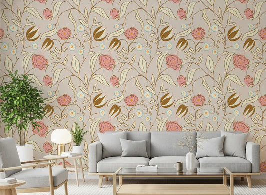Beige chintz floral vintage botanical wallpaper in a living room setting.