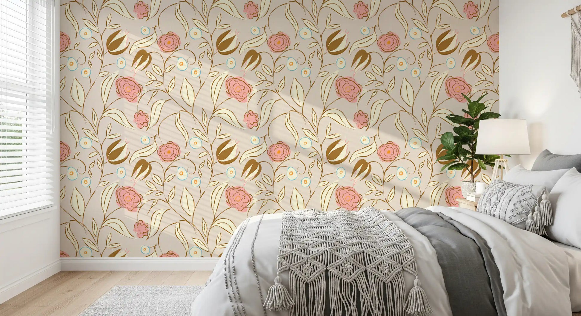 Beige Chintz Floral Wallpaper Vintage Botanical Wallpaper⁠
