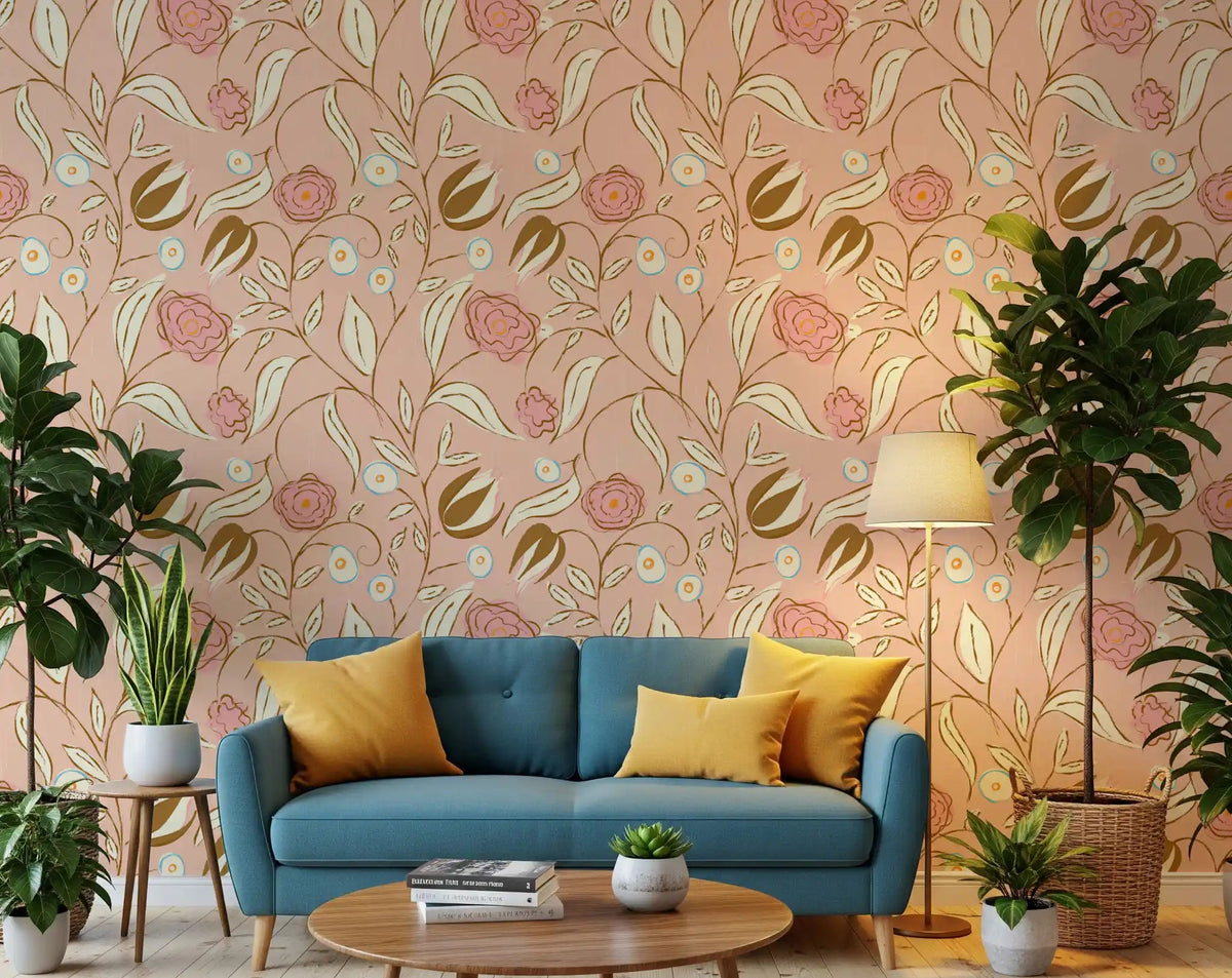 Vintage pink botanical chintz wallpaper displayed in a hallway space., GD10601