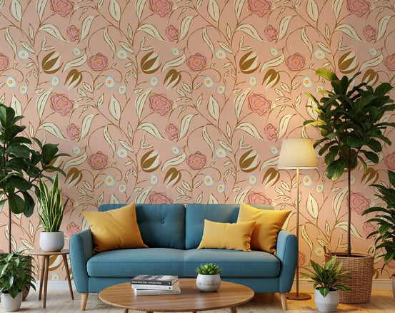 Vintage pink botanical chintz wallpaper displayed in a hallway space., GD10601