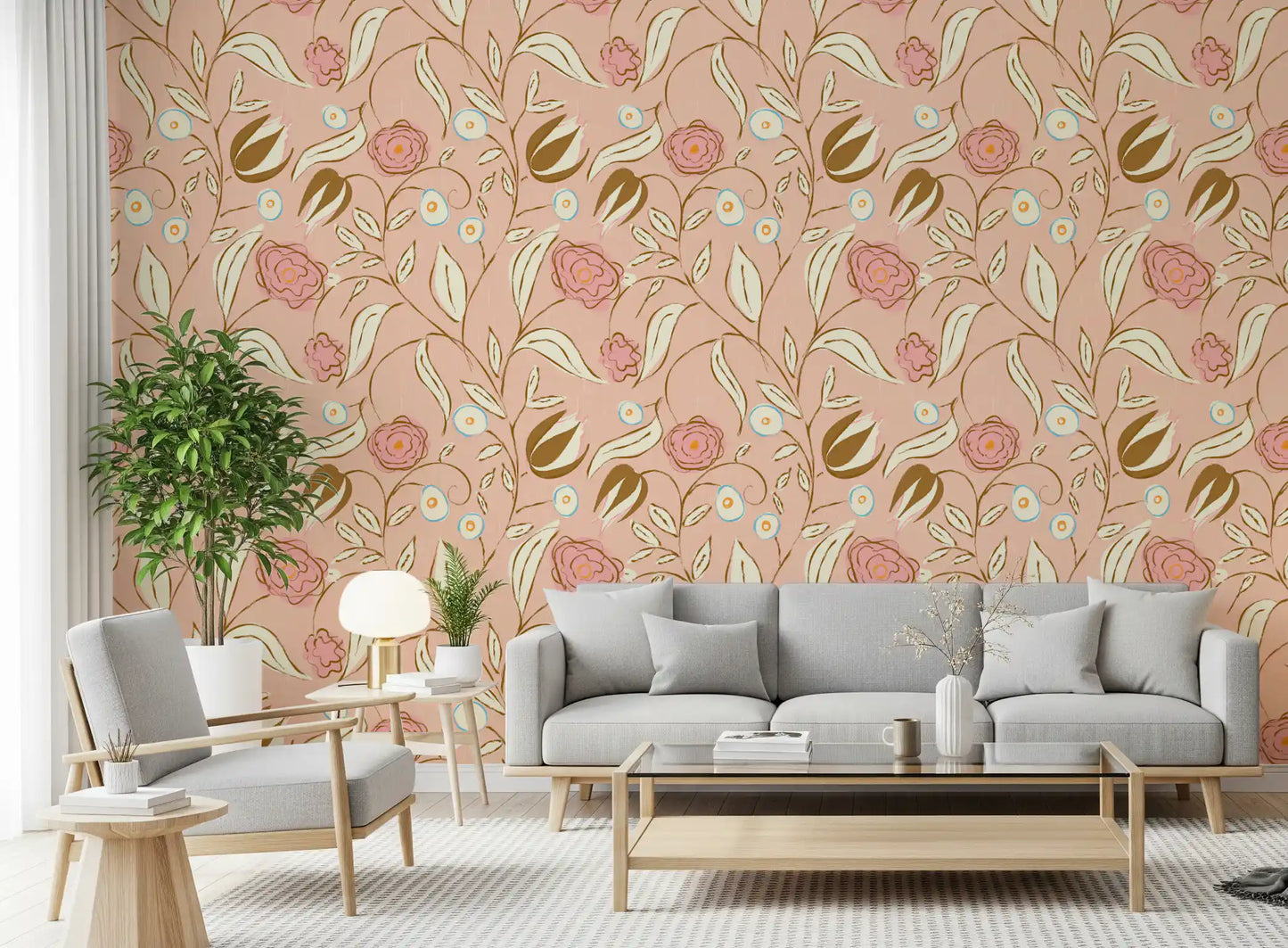 Blush Pink Chintz Floral Wallpaper Vintage Botanical Wallpaper⁠