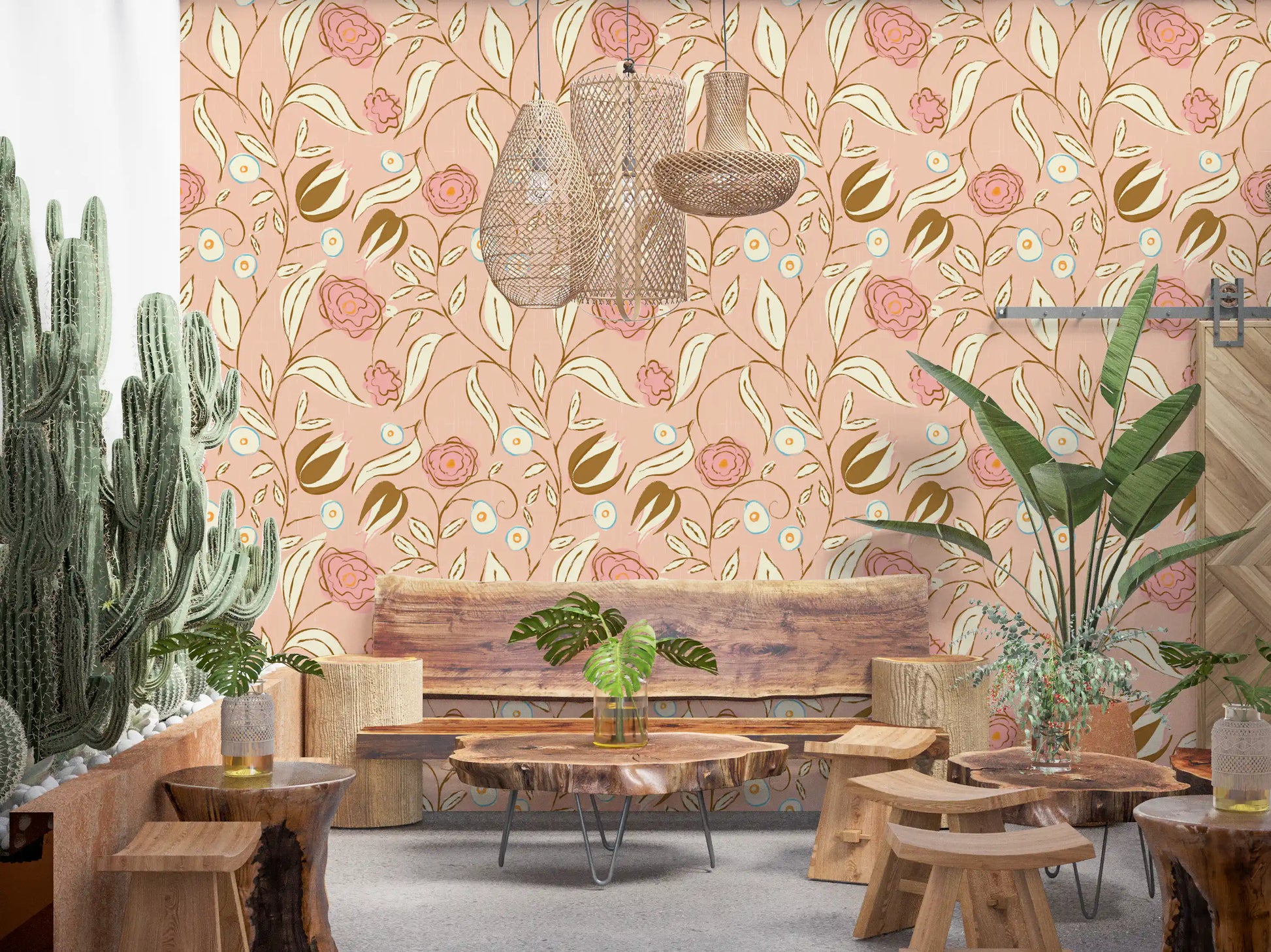 Blush Pink Chintz Floral Wallpaper Vintage Botanical Wallpaper⁠