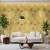 Butter Yellow Chintz Floral Wallpaper Vintage Botanical Wallpaper⁠