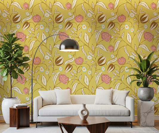 Vintage yellow botanical chintz wallpaper displayed in a living room setting.