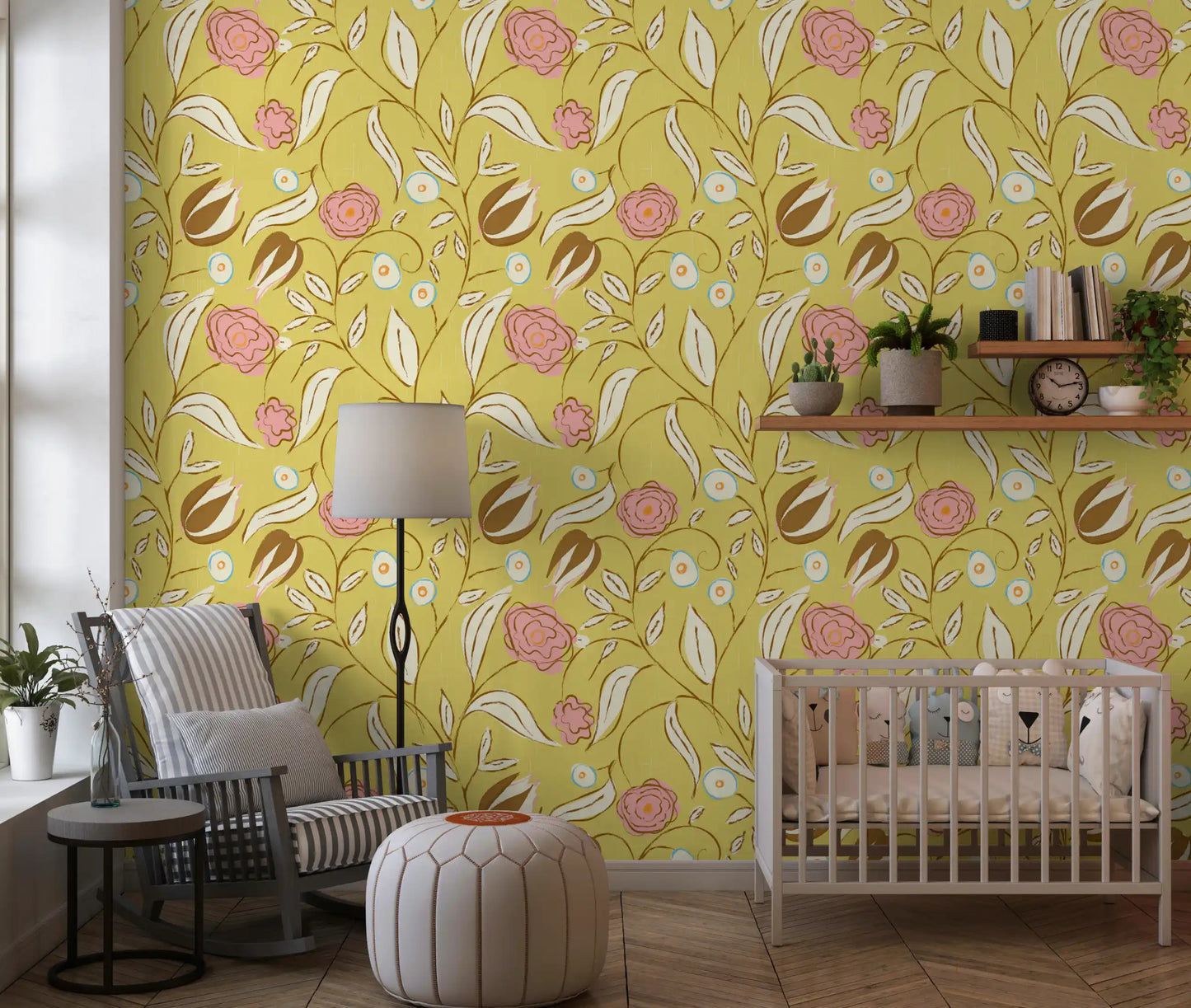 Butter Yellow Chintz Floral Wallpaper Vintage Botanical Wallpaper⁠