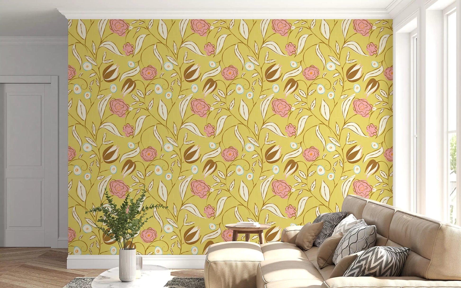 Butter Yellow Chintz Floral Wallpaper Vintage Botanical Wallpaper⁠