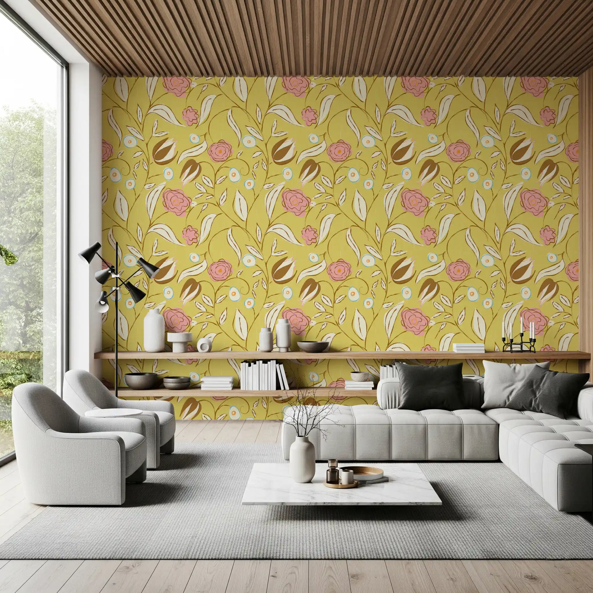 Butter Yellow Chintz Floral Wallpaper Vintage Botanical Wallpaper⁠