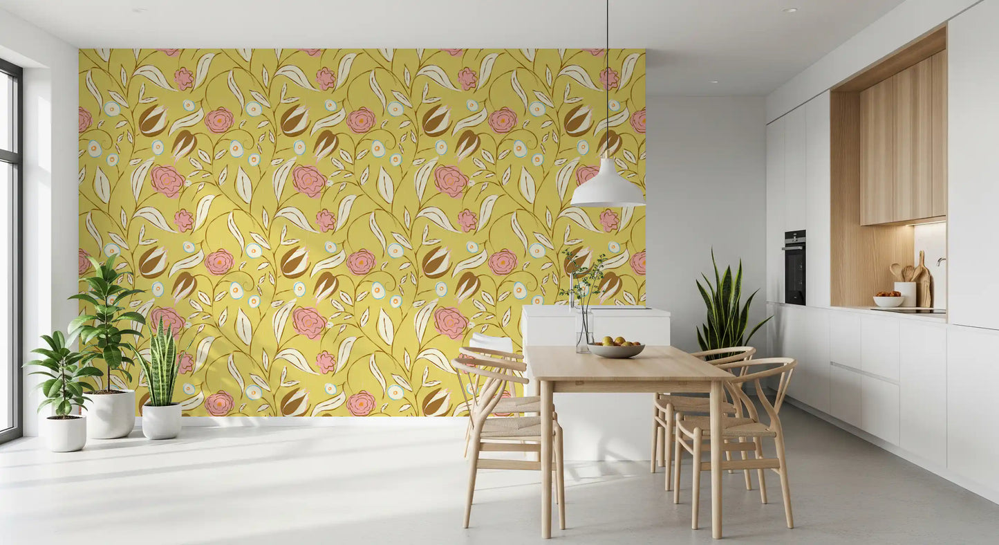 Butter Yellow Chintz Floral Wallpaper Vintage Botanical Wallpaper⁠