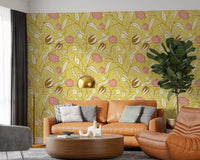 Butter Yellow Chintz Floral Wallpaper Vintage Botanical Wallpaper⁠
