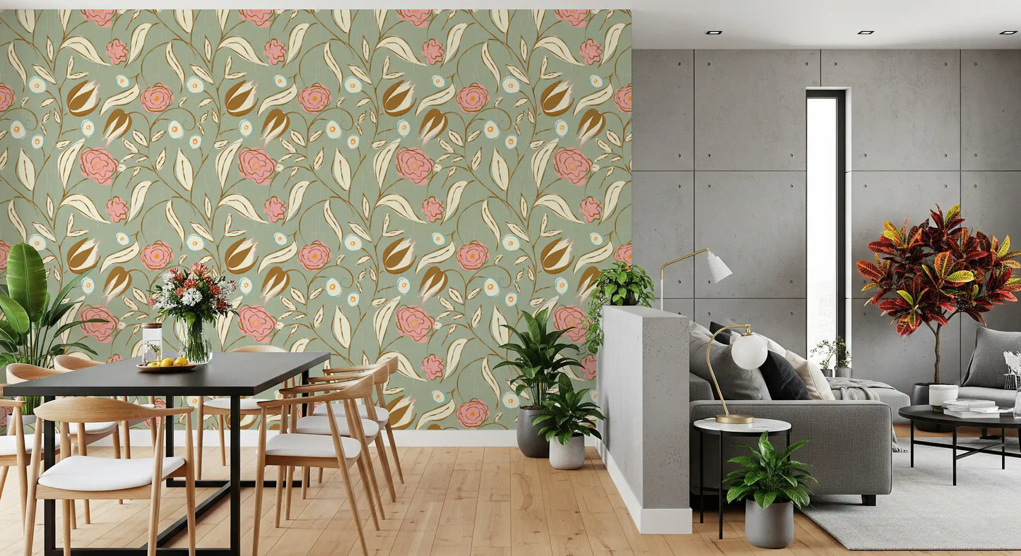 Sage Green Chintz Floral Wallpaper Vintage Botanical Wallpaper⁠