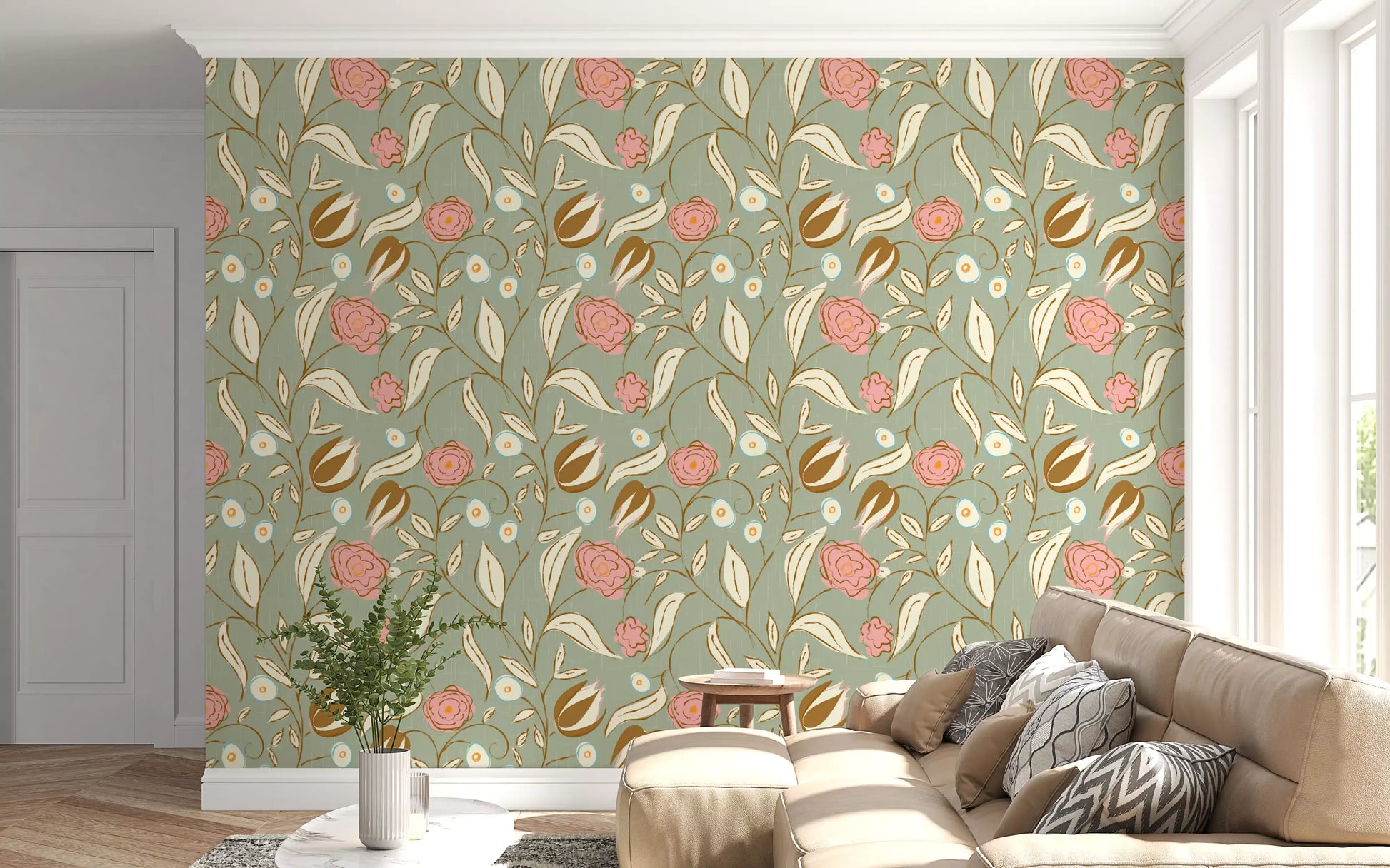 Sage Green Chintz Floral Wallpaper Vintage Botanical Wallpaper⁠