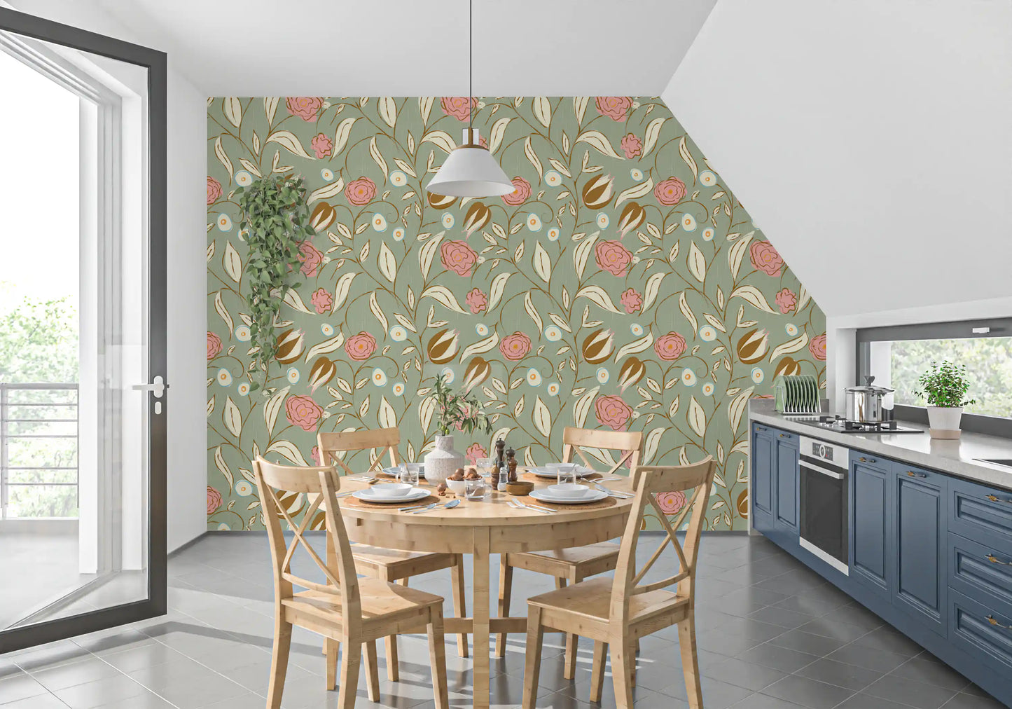 Sage Green Chintz Floral Wallpaper Vintage Botanical Wallpaper⁠