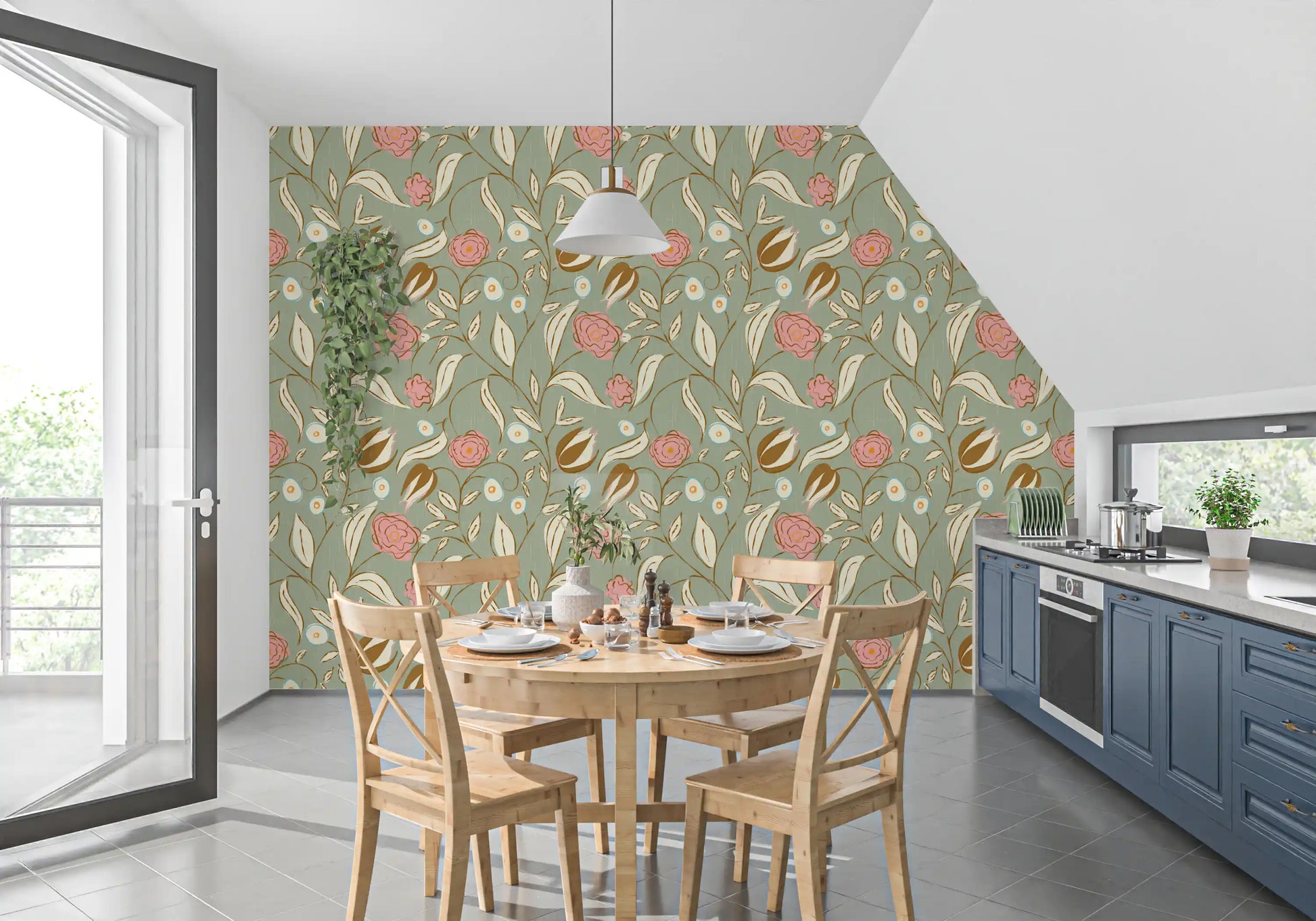 Sage Green Chintz Floral Wallpaper Vintage Botanical Wallpaper⁠