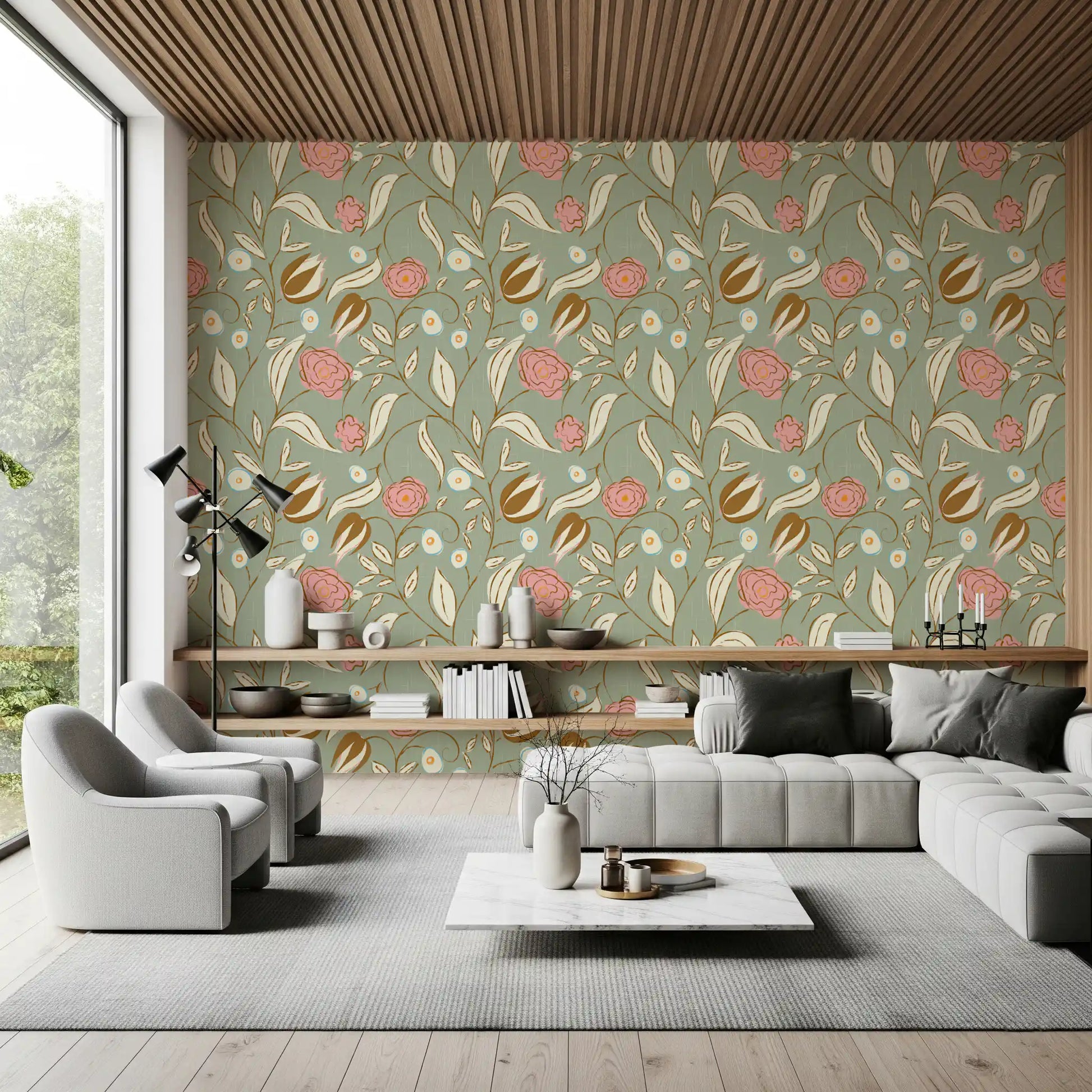 Sage Green Chintz Floral Wallpaper Vintage Botanical Wallpaper⁠