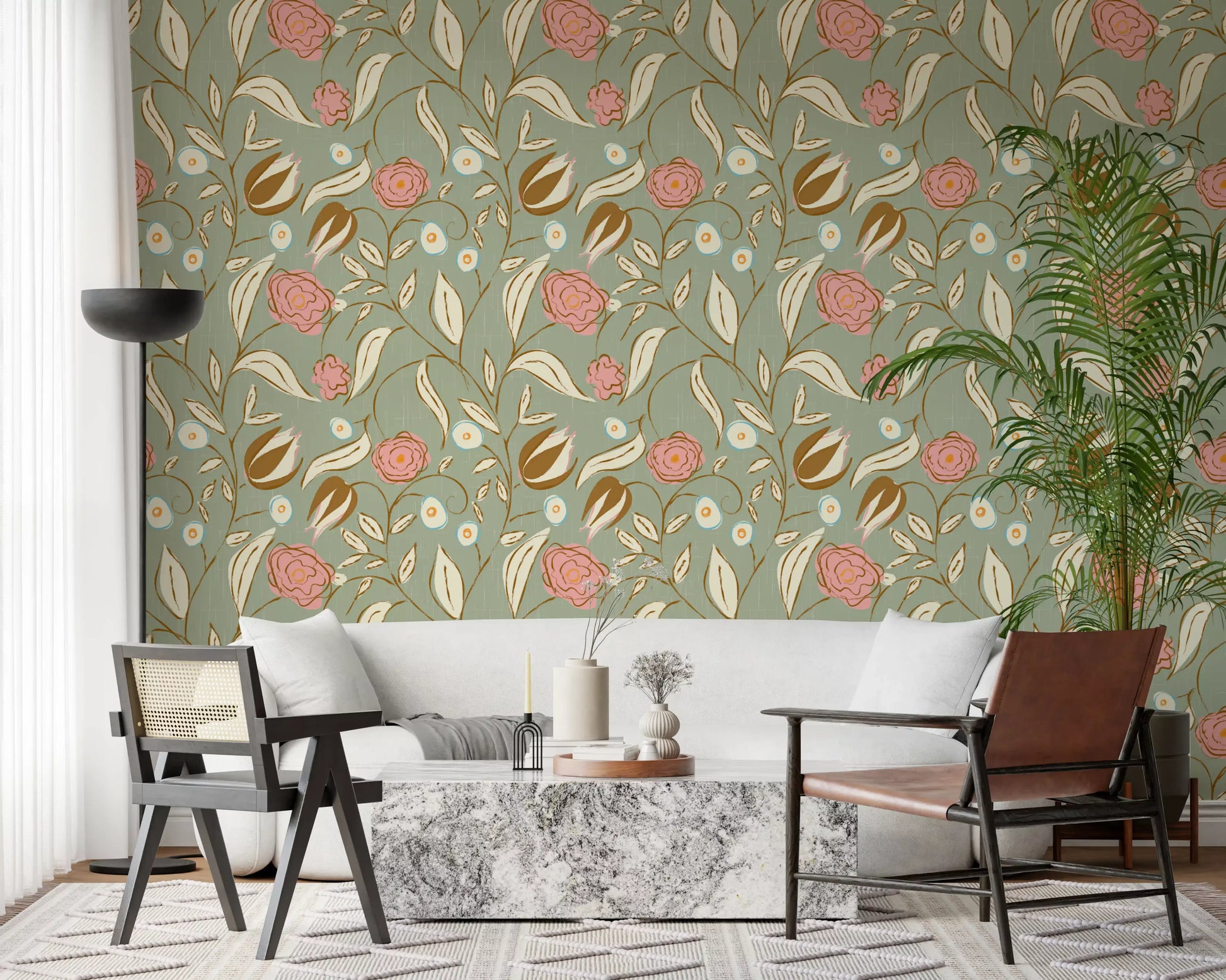 Sage Green Chintz Floral Wallpaper Vintage Botanical Wallpaper⁠