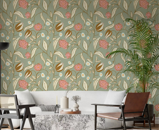 Sage green chintz floral vintage botanical wallpaper in a living room space.