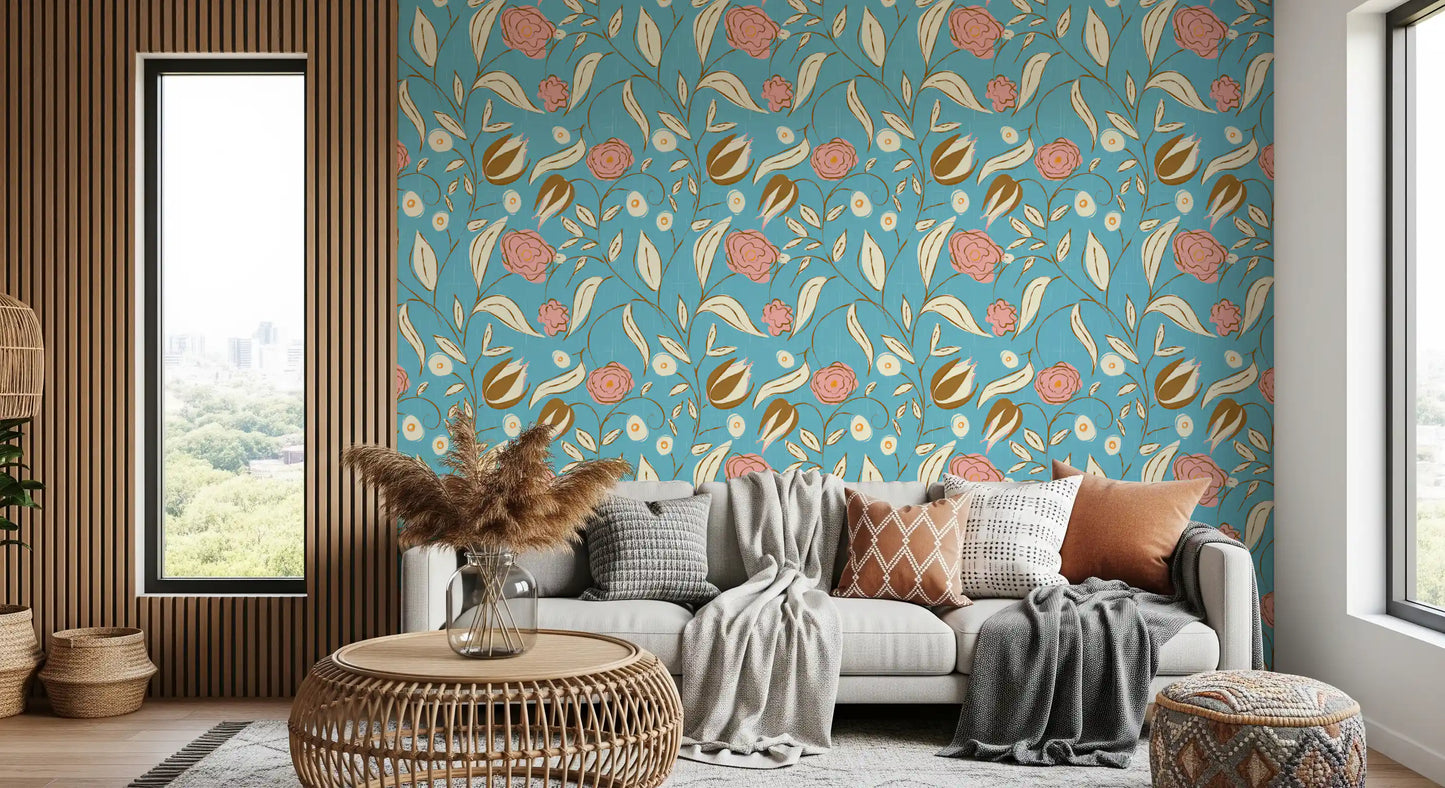 Sky Blue Chintz Floral Wallpaper Vintage Botanical Wallpaper⁠