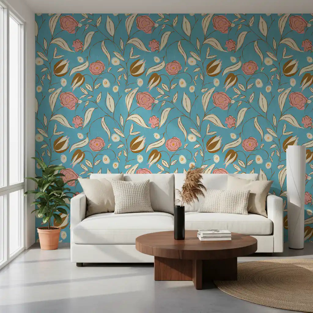 Sky Blue Chintz Floral Wallpaper Vintage Botanical Wallpaper⁠