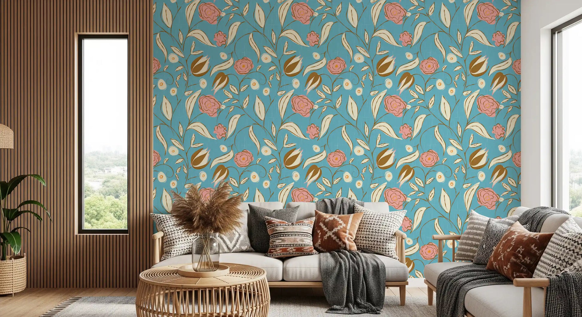 Sky Blue Chintz Floral Wallpaper Vintage Botanical Wallpaper⁠