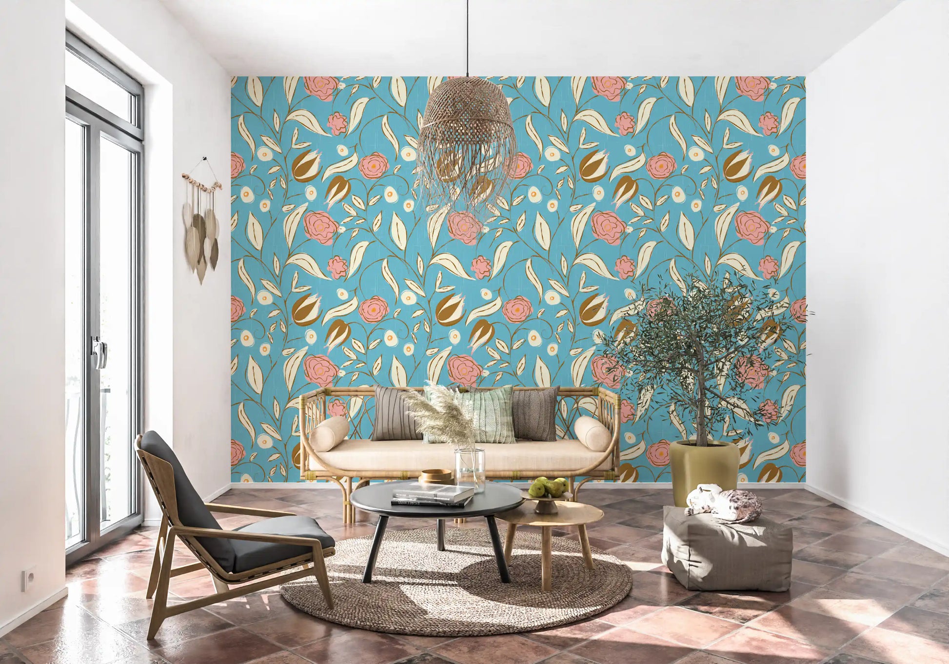 Sky Blue Chintz Floral Wallpaper Vintage Botanical Wallpaper⁠