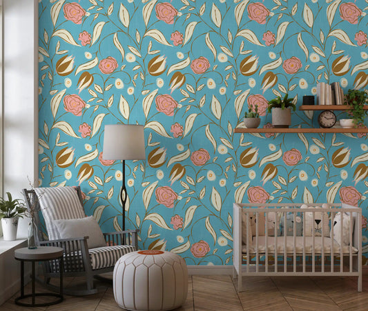 Sky blue chintz floral vintage botanical wallpaper in a nursery setting.