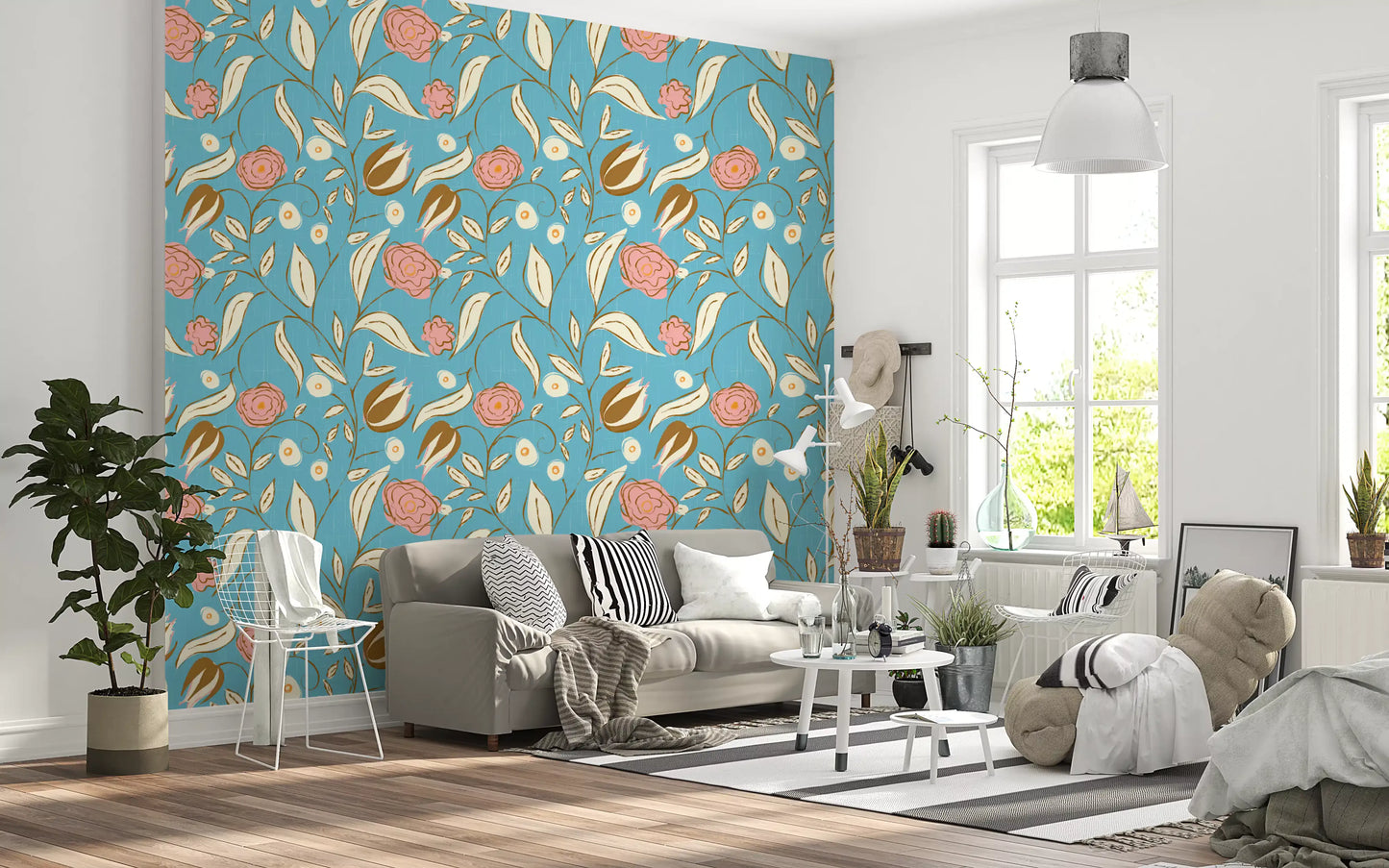 Sky Blue Chintz Floral Wallpaper Vintage Botanical Wallpaper⁠