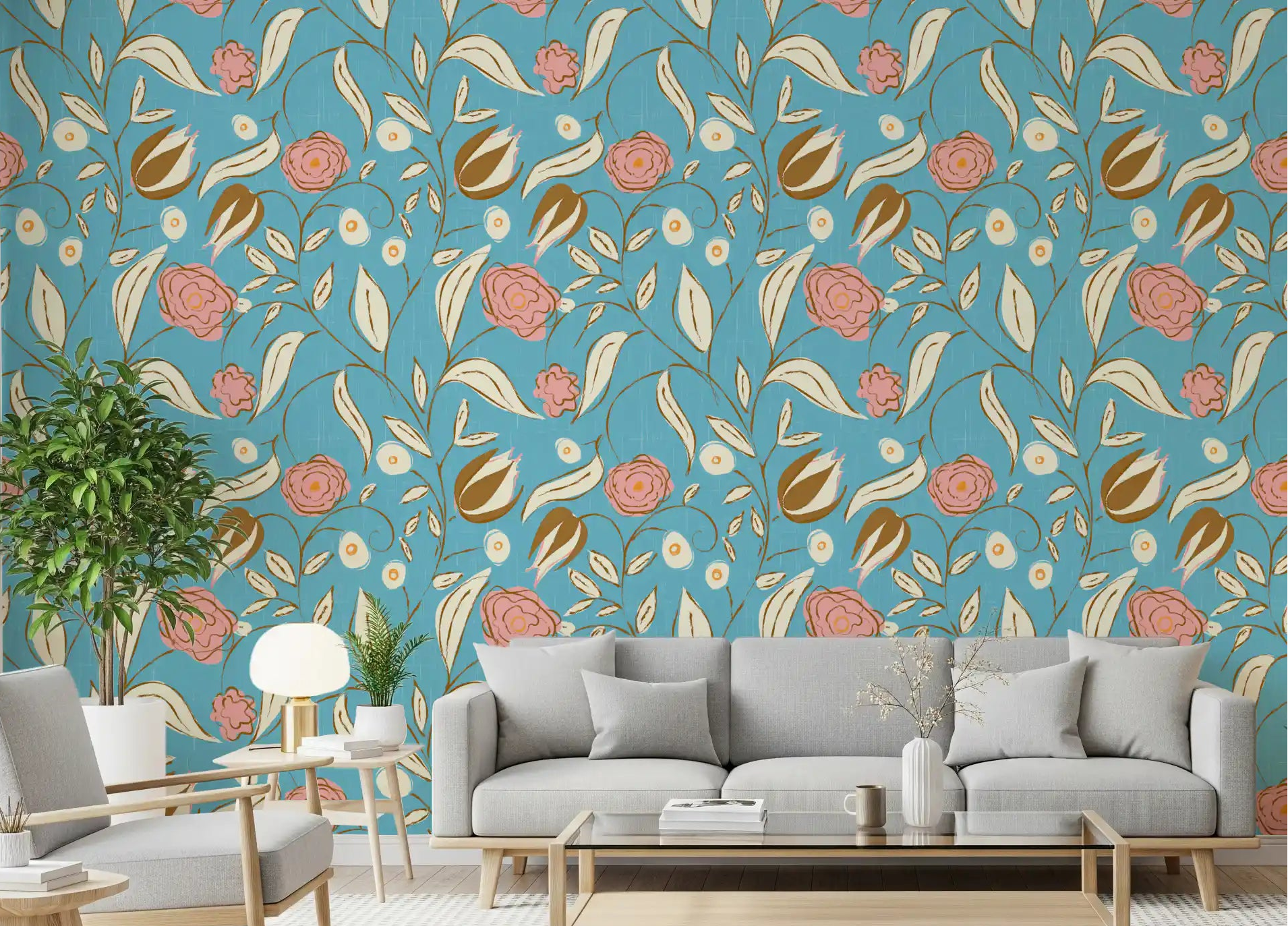 Vintage blue botanical chintz wallpaper displayed in a living room space.