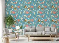 Sky Blue Chintz Floral Wallpaper Vintage Botanical Wallpaper⁠