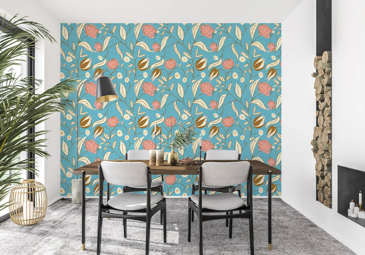 Sky Blue Chintz Floral Wallpaper Vintage Botanical Wallpaper⁠