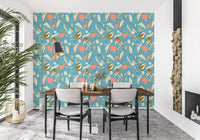 Sky Blue Chintz Floral Wallpaper Vintage Botanical Wallpaper⁠