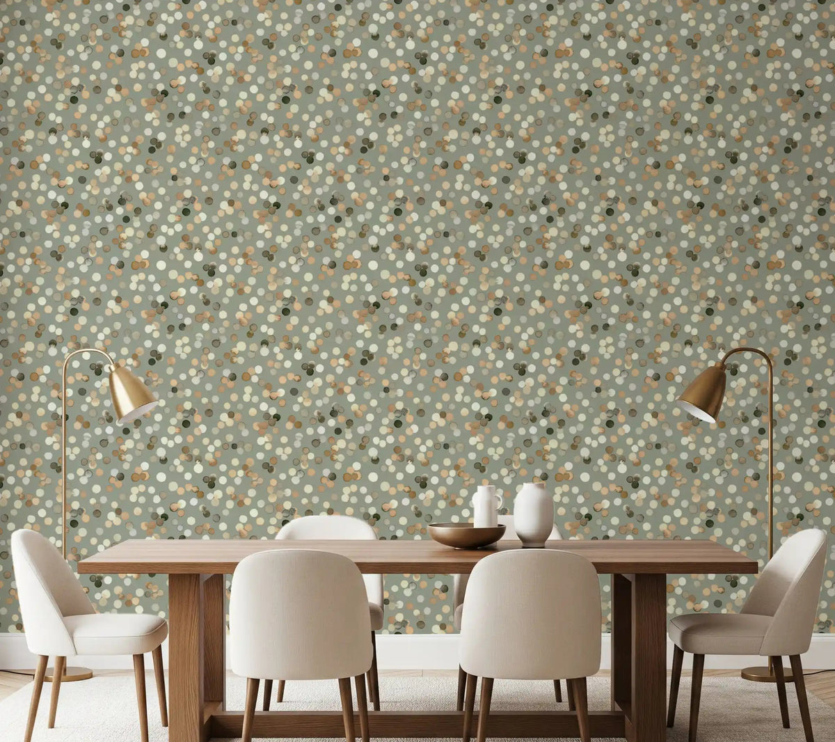 Watercolour polka dot wallpaper on sage green displayed in a dining room space., GD10605