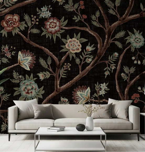 Never ending tree chintz revival dark wall mural in a living room setting., GD10606