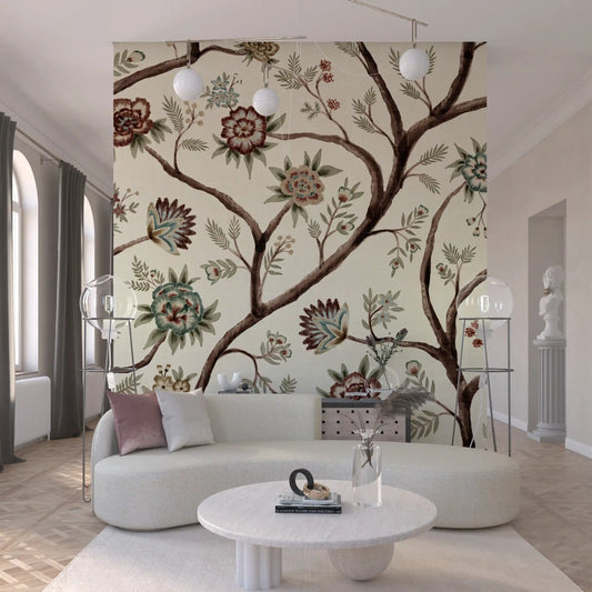 Bright botanical wall mural with winding branches and fern-like foliage.
