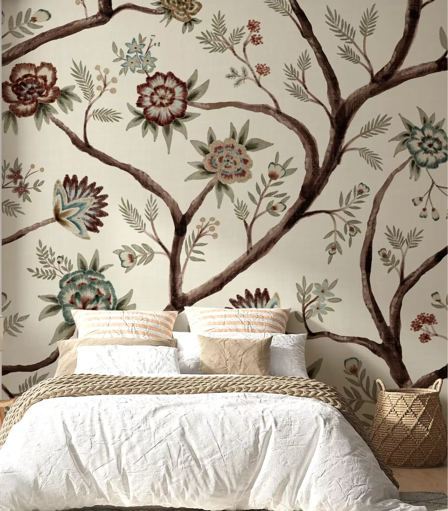 Bright chintz revival botanical tree wall mural displayed in a bedroom space., GD10607
